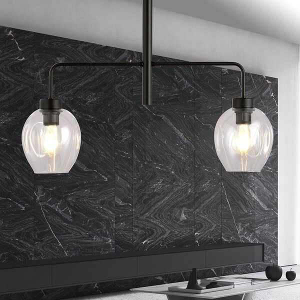 Lampadario Moderno 2 Luci Eritonio In Accaio Nero E Vetro Trasparente
