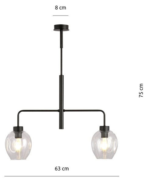 Lampadario Moderno 2 Luci Eritonio In Accaio Nero E Vetro Trasparente