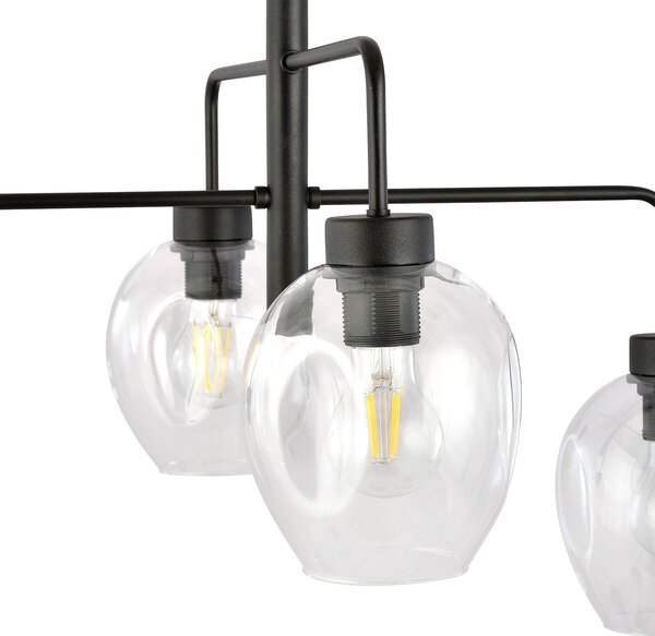 Lampadario Moderno 4 Luci Eritonio In Accaio Nero E Vetro Trasparente