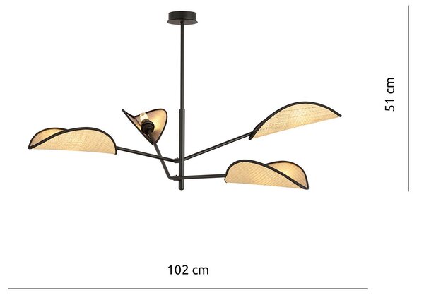 Lampadario 4 Luci Po In Acciao Nero E Rattan Con Bracci Mobili