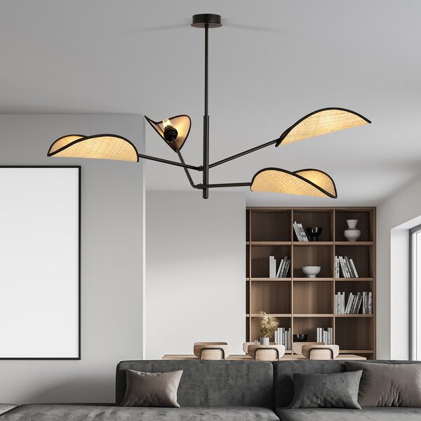 Lampadario 4 Luci Po In Acciao Nero E Rattan Con Bracci Mobili