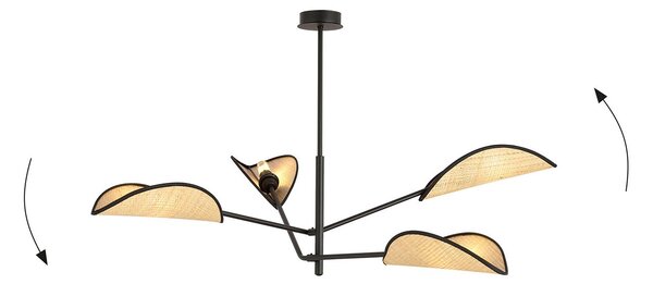 Lampadario 4 Luci Po In Acciao Nero E Rattan Con Bracci Mobili