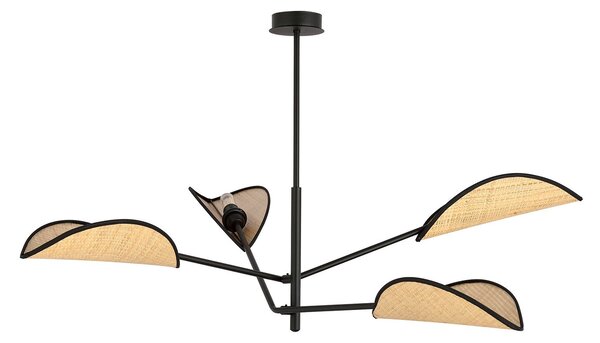 Lampadario 4 Luci Po In Acciao Nero E Rattan Con Bracci Mobili