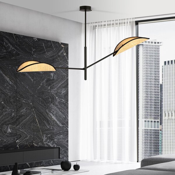 Lampadario 2 Luci Po In Acciao Nero E Rattan Con Bracci Mobili