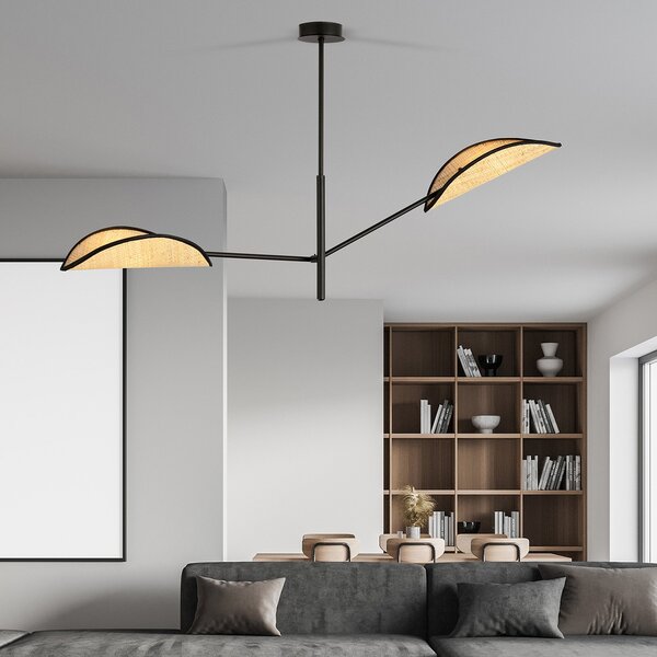 Lampadario 2 Luci Po In Acciao Nero E Rattan Con Bracci Mobili