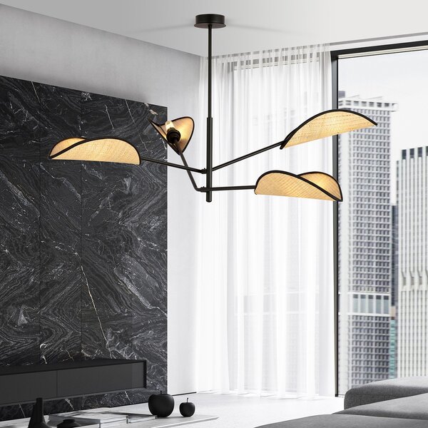 Lampadario 4 Luci Po In Acciao Nero E Rattan Con Bracci Mobili