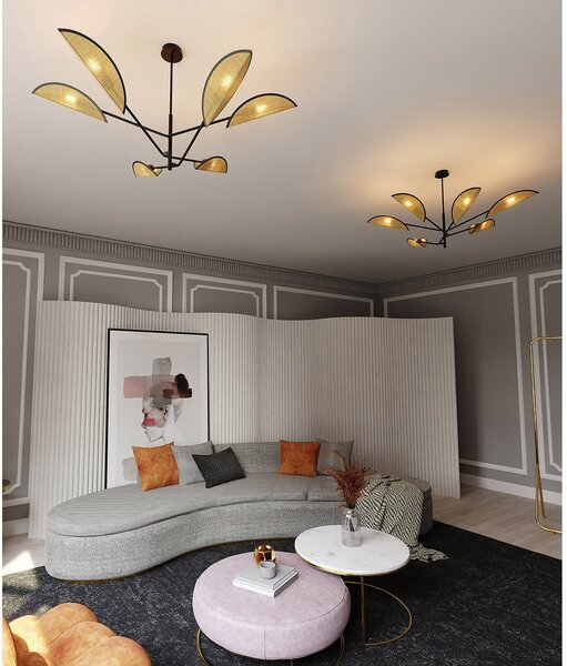 Lampadario 6 Luci Po In Acciao Nero E Rattan Con Bracci Mobili