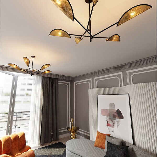 Lampadario 6 Luci Po In Acciao Nero E Rattan Con Bracci Mobili