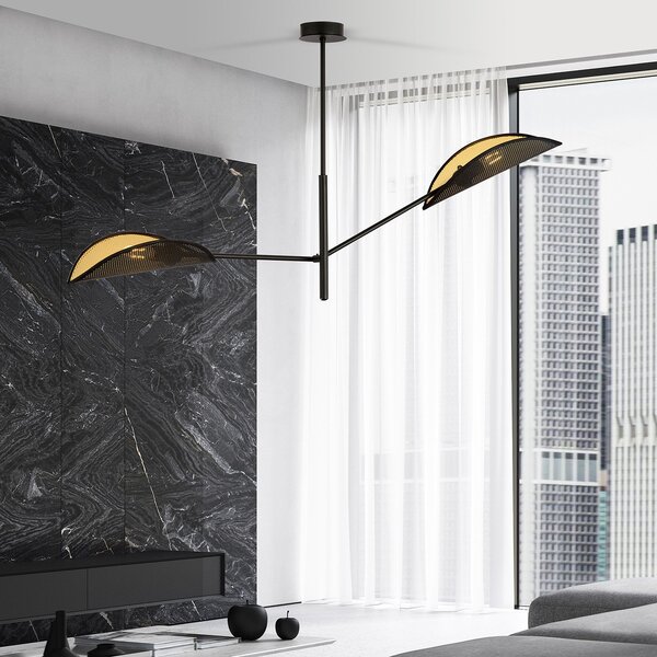 Lampadario 2 Luci Po In Acciao Nero E Oro Con Bracci Mobili