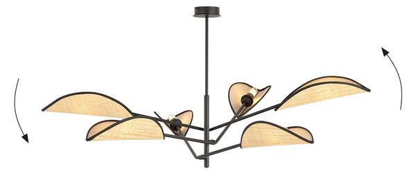 Lampadario 6 Luci Po In Acciao Nero E Rattan Con Bracci Mobili