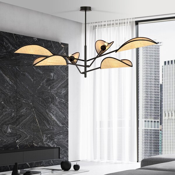 Lampadario 6 Luci Po In Acciao Nero E Rattan Con Bracci Mobili