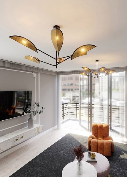 Lampadario 6 Luci Po In Acciao Nero E Rattan Con Bracci Mobili