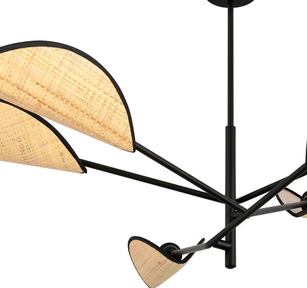 Lampadario 6 Luci Po In Acciao Nero E Rattan Con Bracci Mobili