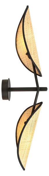 Applique 2 Luci Po A Braccio In Acciao Nero E Rattan