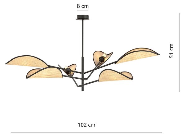 Lampadario 6 Luci Po In Acciao Nero E Rattan Con Bracci Mobili