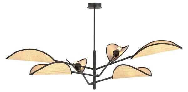 Lampadario 6 Luci Po In Acciao Nero E Rattan Con Bracci Mobili