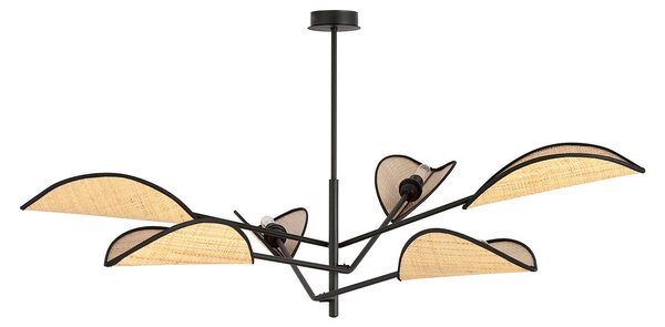 Lampadario 6 Luci Po In Acciao Nero E Rattan Con Bracci Mobili