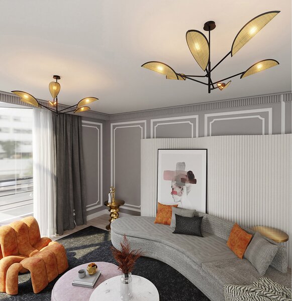 Lampadario 6 Luci Po In Acciao Nero E Rattan Con Bracci Mobili