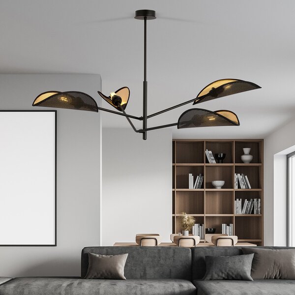 Lampadario 4 Luci Po In Acciao Nero E Oro Con Bracci Mobili