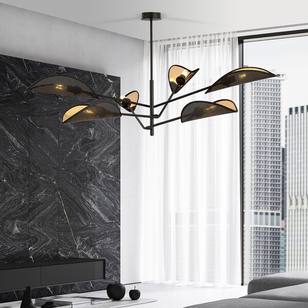 Lampadario 6 Luci Po In Acciao Nero E Oro Con Bracci Mobili