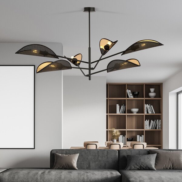 Lampadario 6 Luci Po In Acciao Nero E Oro Con Bracci Mobili