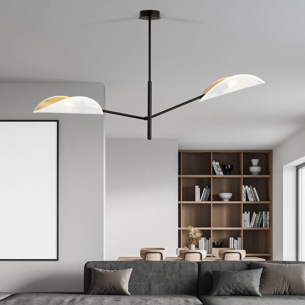Lampadario 2 Luci Po In Acciao Nero E Bianco Oro Con Bracci Mobili