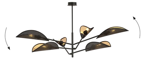 Lampadario 6 Luci Po In Acciao Nero E Oro Con Bracci Mobili