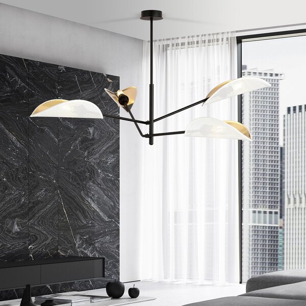 Lampadario 4 Luci Po In Acciao Nero E Bianco Oro Con Bracci Mobili