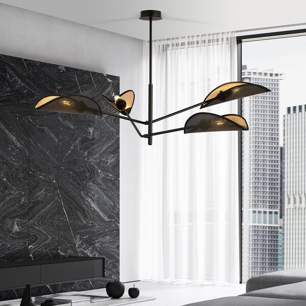 Lampadario 4 Luci Po In Acciao Nero E Oro Con Bracci Mobili