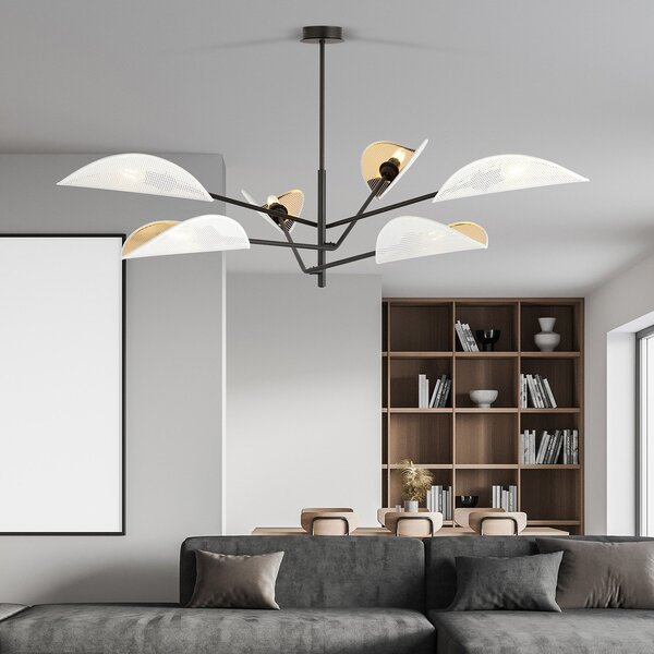 Lampadario 6 Luci Po In Acciao Nero E Bianco Oro Con Bracci Mobili