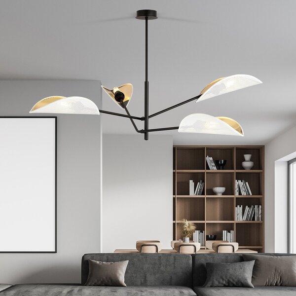 Lampadario 4 Luci Po In Acciao Nero E Bianco Oro Con Bracci Mobili