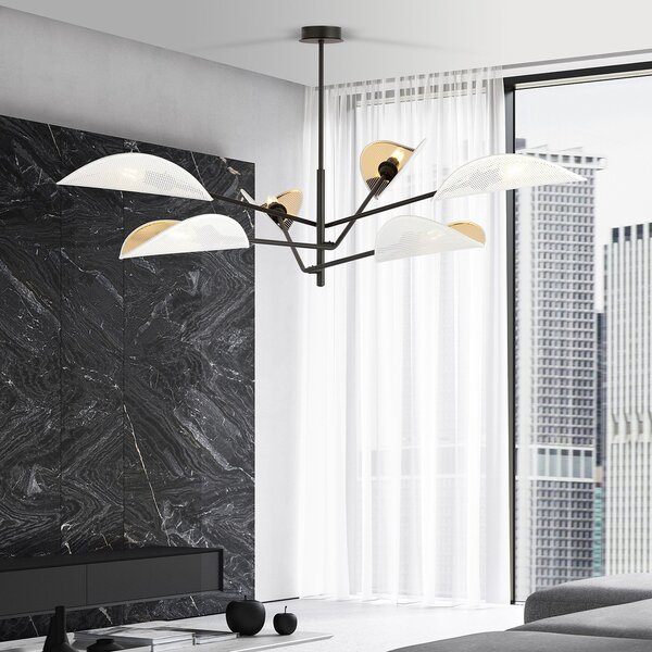 Lampadario 6 Luci Po In Acciao Nero E Bianco Oro Con Bracci Mobili