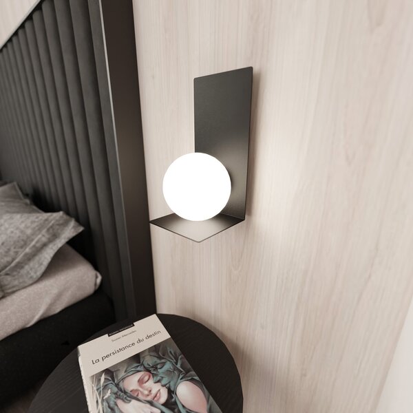 Applique Minimal 1 Luce Indiretta Pavaka Base Acciaio Nero E Vetro Opale
