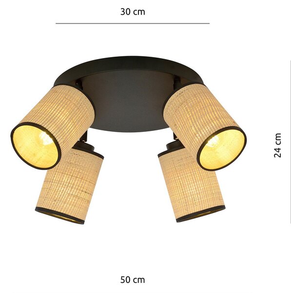 Plafoniera Tonda Spot 4 Luci Bronx Acciaio Nero Rattan Paralumi Regolabili