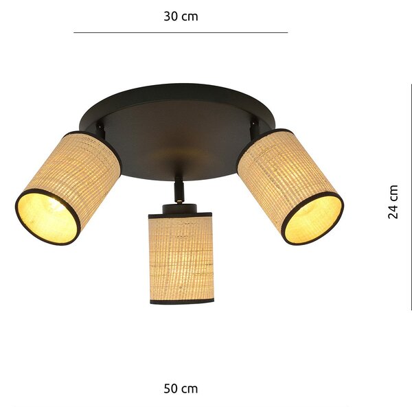 Plafoniera Tonda Spot 3 Luci Bronx Acciaio Nero Rattan Paralumi Regolabili