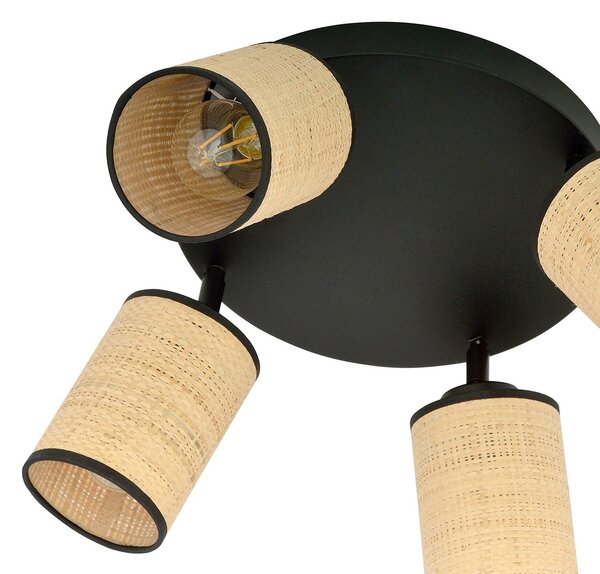 Plafoniera Tonda Spot 4 Luci Bronx Acciaio Nero Rattan Paralumi Regolabili