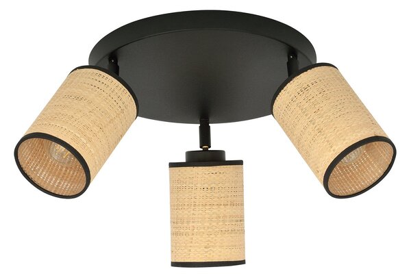 Plafoniera Tonda Spot 3 Luci Bronx Acciaio Nero Rattan Paralumi Regolabili