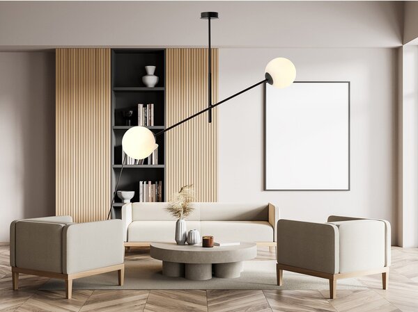 Lampadario 2 Luci Udden In Acciao Nero Con Bracci Regolabili E Vetro Opale