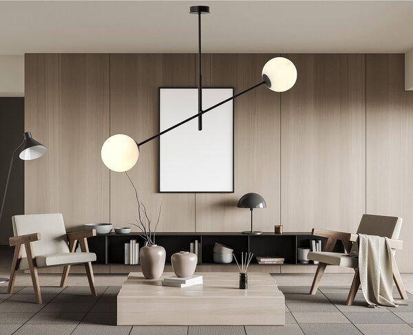 Lampadario 2 Luci Udden In Acciao Nero Con Bracci Regolabili E Vetro Opale