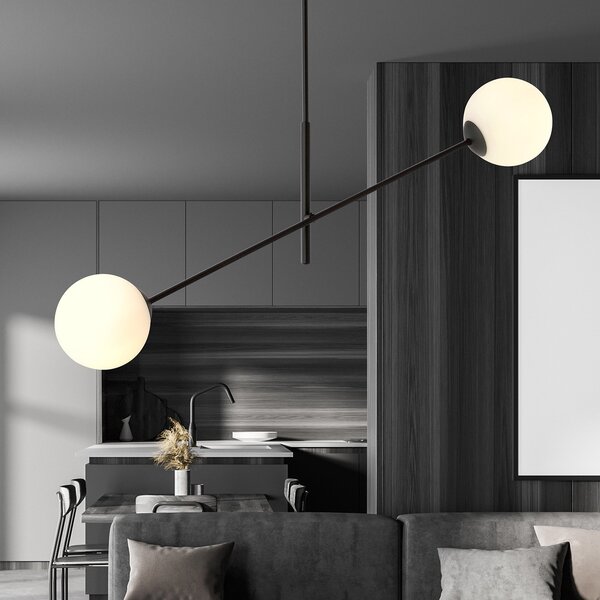 Lampadario 2 Luci Udden In Acciao Nero Con Bracci Regolabili E Vetro Opale