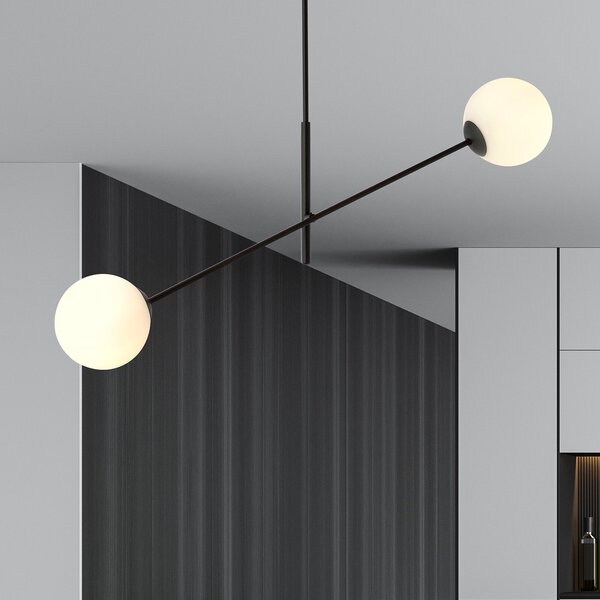 Lampadario 2 Luci Udden In Acciao Nero Con Bracci Regolabili E Vetro Opale