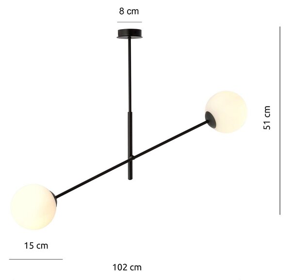Lampadario 2 Luci Udden In Acciao Nero Con Bracci Regolabili E Vetro Opale