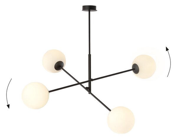 Lampadario 4 Luci Udden In Acciao Nero Con Bracci Regolabili E Vetro Opale