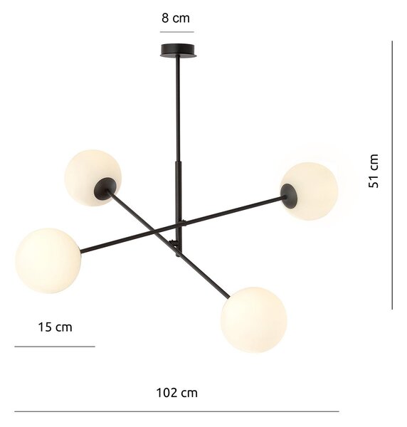 Lampadario 4 Luci Udden In Acciao Nero Con Bracci Regolabili E Vetro Opale