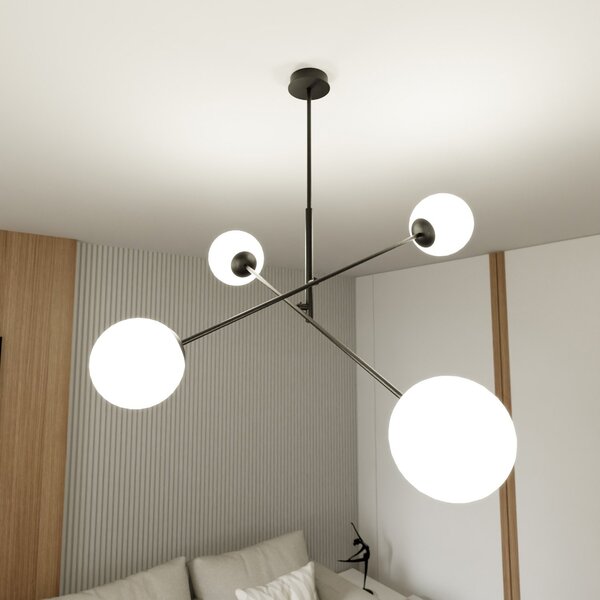 Lampadario 4 Luci Udden In Acciao Nero Con Bracci Regolabili E Vetro Opale