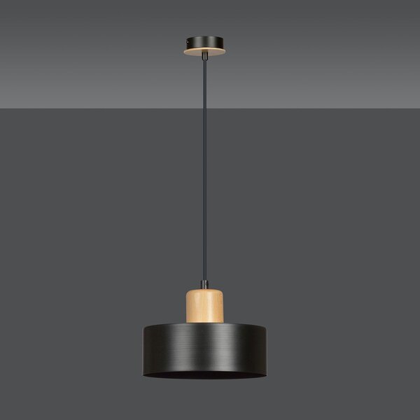Sospensione Nordica 1 Luce Ravi In Acciaio Nero E Legno