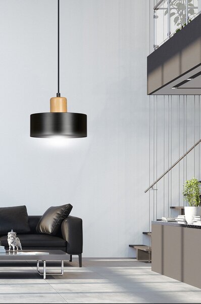 Sospensione Nordica 1 Luce Ravi In Acciaio Nero E Legno