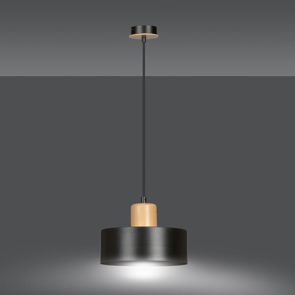 Sospensione Nordica 1 Luce Ravi In Acciaio Nero E Legno