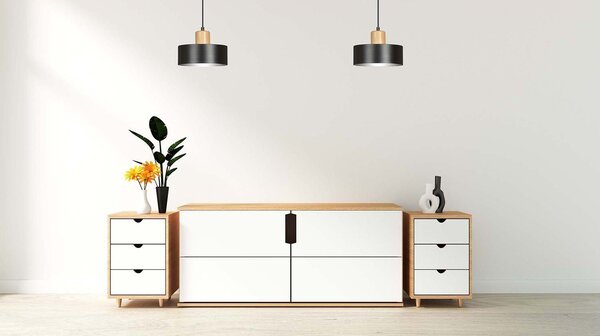Sospensione Nordica 1 Luce Ravi In Acciaio Nero E Legno