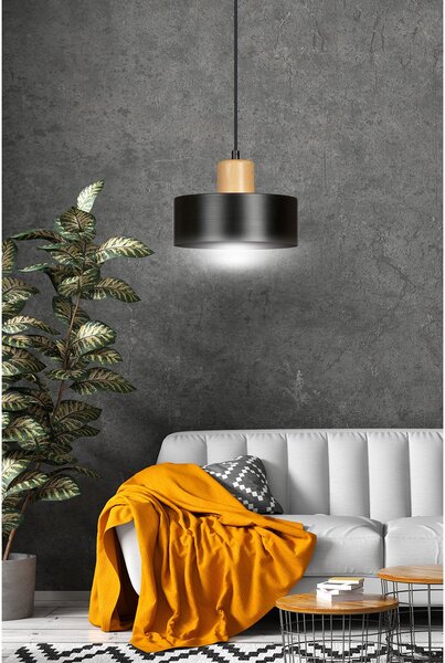 Sospensione Nordica 1 Luce Ravi In Acciaio Nero E Legno